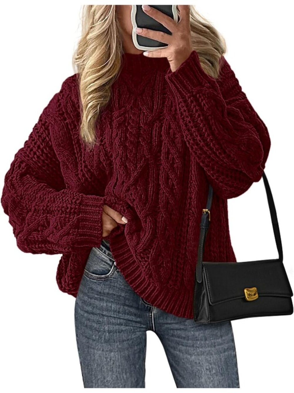 Women's Burgundy Cozy Long Sleeve Loose Fitting Classic Crew Neck Fall Sweaters